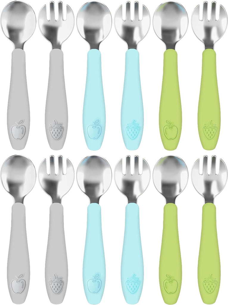 CHILLOUT LIFE Toddler Utensils Set, Kids Silverware with Silicone Handle, Stainless Steel Metal Toddler Forks and Spoons Safe Baby Cutlery for Self Feeding-12 Pieces - CHILLOUT LIFE
