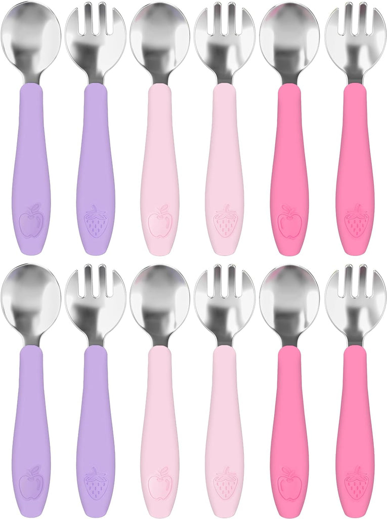 CHILLOUT LIFE Toddler Utensils Set, Kids Silverware with Silicone Handle, Stainless Steel Metal Toddler Forks and Spoons Safe Baby Cutlery for Self Feeding- 12 Pieces - CHILLOUT LIFE