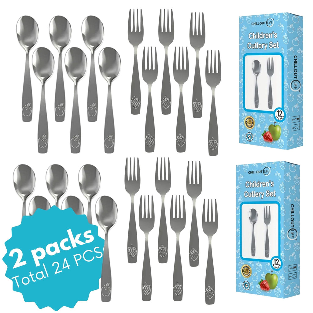 CHILLOUT LIFE 24 Piece Stainless Steel Kids Silverware Set (2 packs: 12+12)- Child and Toddler Safe Flatware - CHILLOUT LIFE