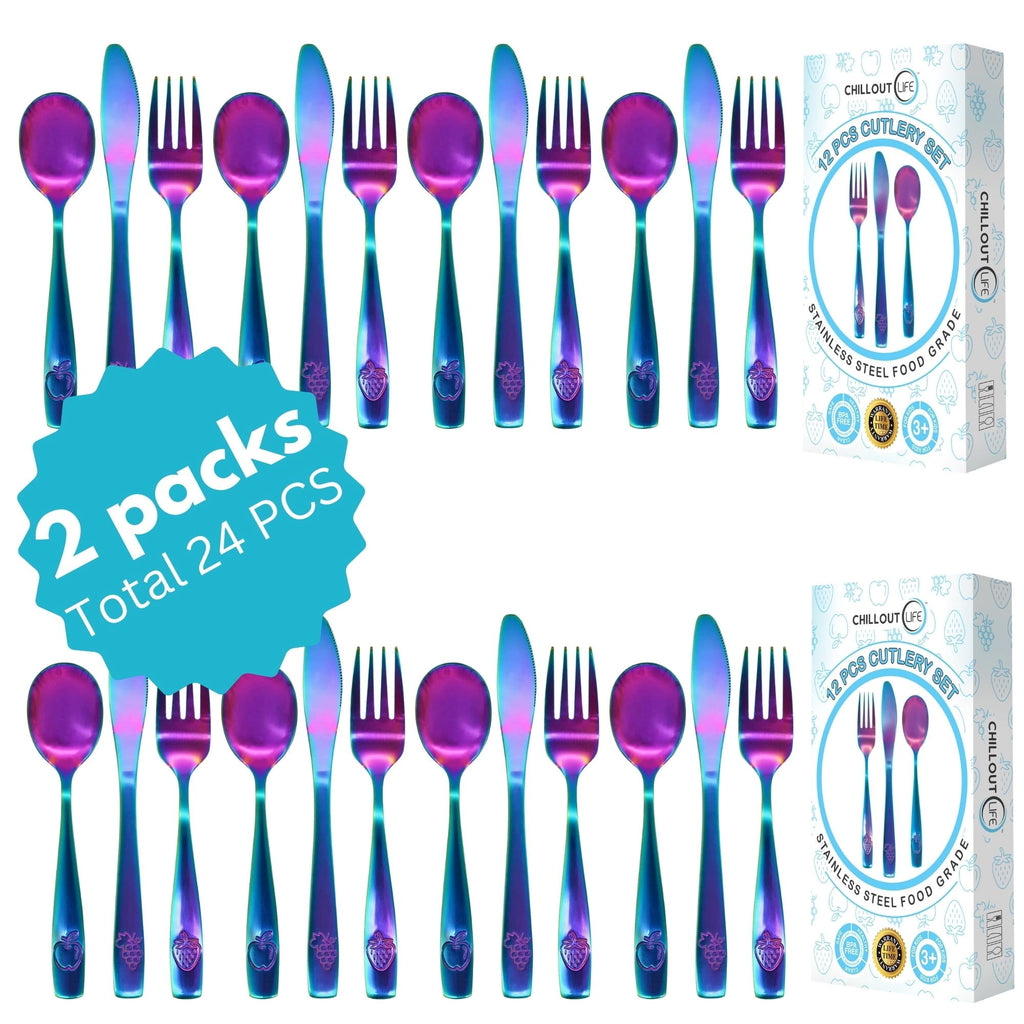 CHILLOUT LIFE 24 Piece Stainless Steel Kids Silverware Set (2 packs: 12+12) Child and Toddler Safe Flatware - UV Rainbow - CHILLOUT LIFE
