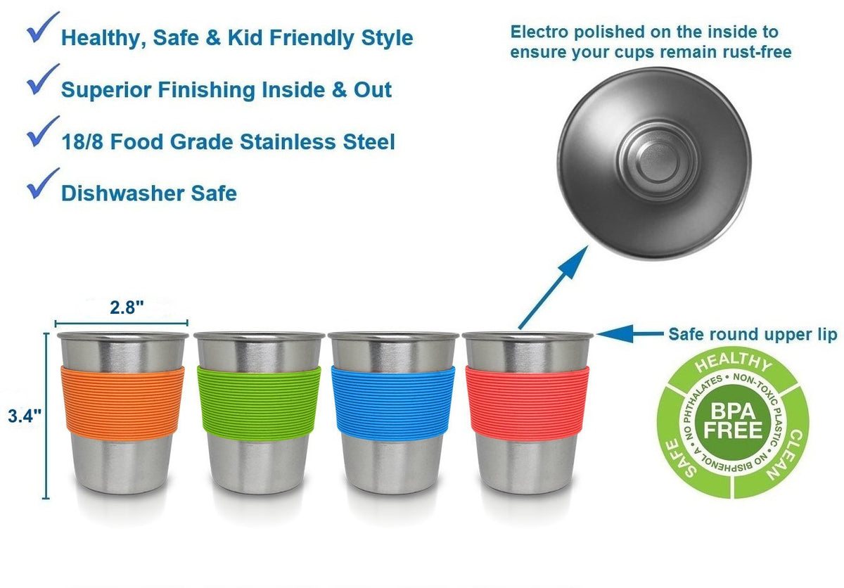 Stainless Steel Sippy Cups for Kids and Toddlers, Unbreakable 4-Pack 8 oz