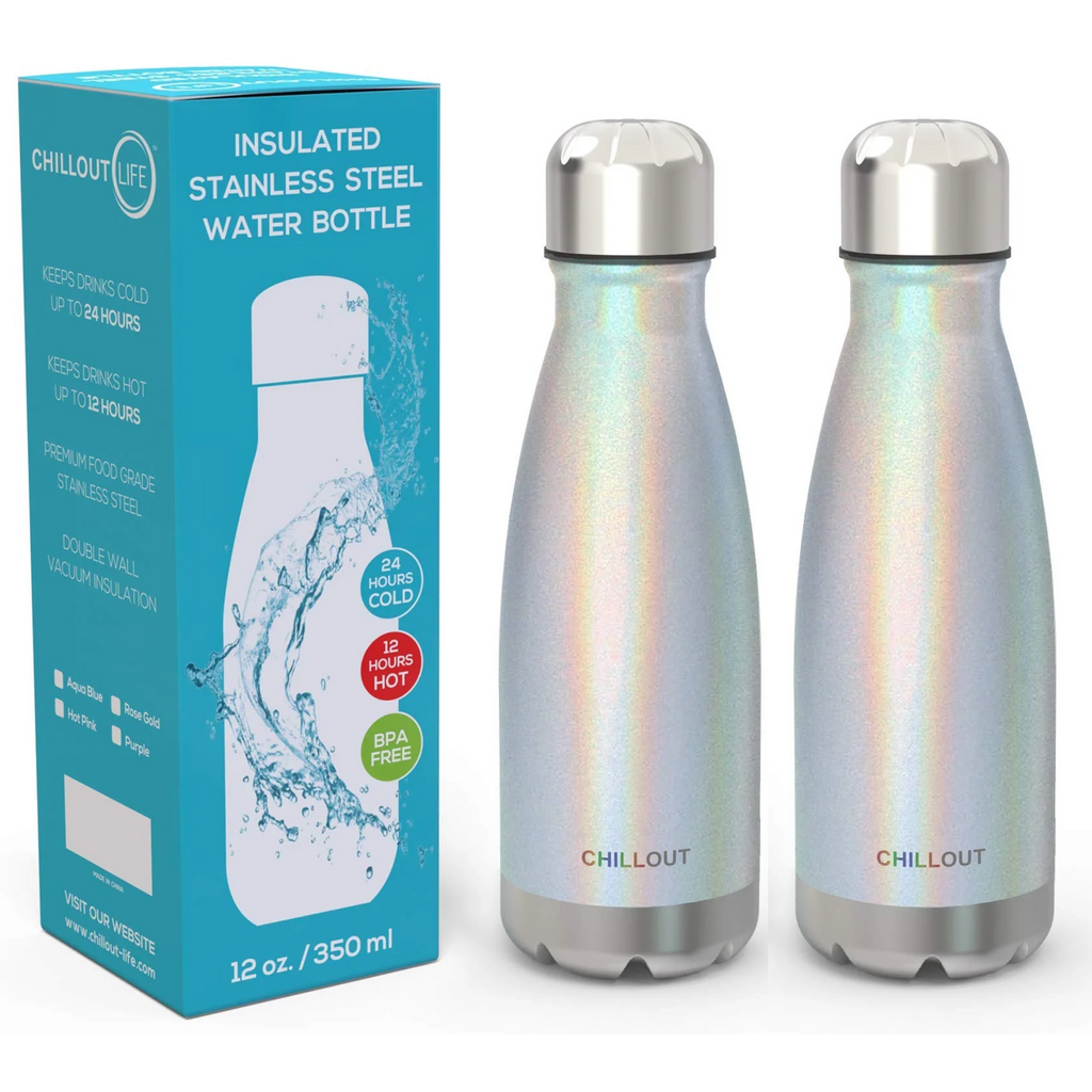 2 Pack Stainless Steel Water Bottle for Kids School: 12 oz Double Wall Insulated Cola Bottle Shape - Sparkle Holographic - CHILLOUT LIFE