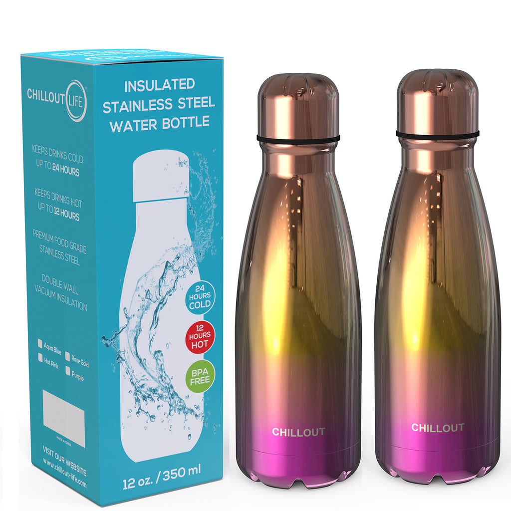 2 Pack Stainless Steel Water Bottle for Kids School: 12 oz Double Wall Insulated Cola Bottle Shape - UV Gold Multi Color - CHILLOUT LIFE