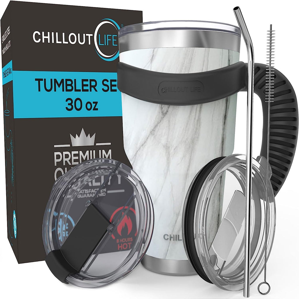 CHILLOUT LIFE Stainless Steel Travel Mug with Handle 30oz – 6 Piece Set. Tumbler with Handle, Straw, Cleaning Brush & 2 Lids - CHILLOUT LIFE