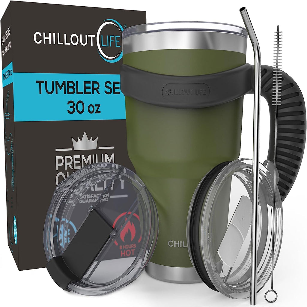 CHILLOUT LIFE Stainless Steel Travel Mug with Handle 30oz – 6 Piece Set. Tumbler with Handle, Straw, Cleaning Brush & 2 Lids - CHILLOUT LIFE