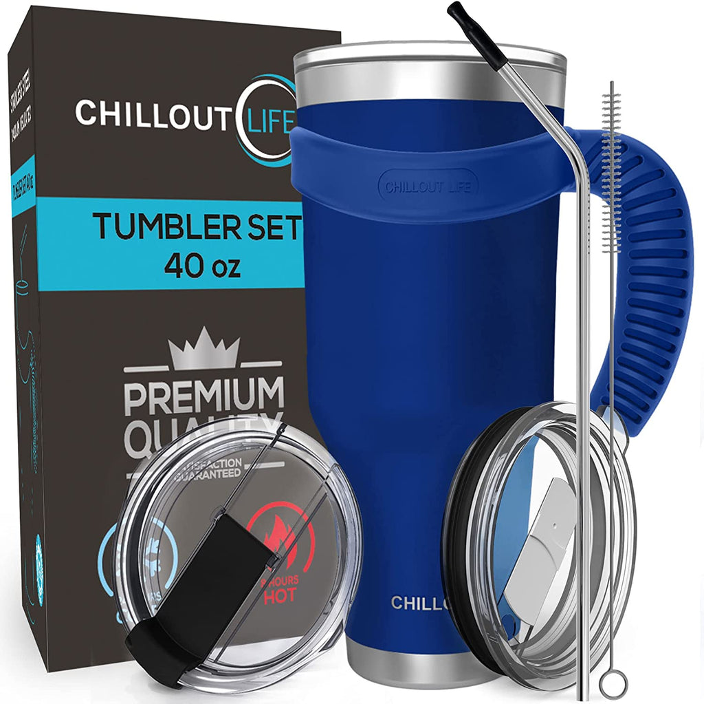CHILLOUT LIFE Stainless Steel Travel Mug with Handle 40 oz – 6 Piece Set. Tumbler with Handle, Straw, Cleaning Brush & 2 Lids. Double Wall Insulated Large Coffee Mug Bundle - CHILLOUT LIFE