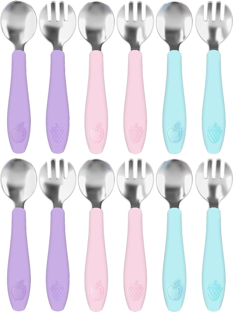 CHILLOUT LIFE Toddler Utensils Set, Kids Silverware with Silicone Handle, Stainless Steel Metal Toddler Forks and Spoons Safe Baby Cutlery for Self Feeding - 12 Pieces - CHILLOUT LIFE
