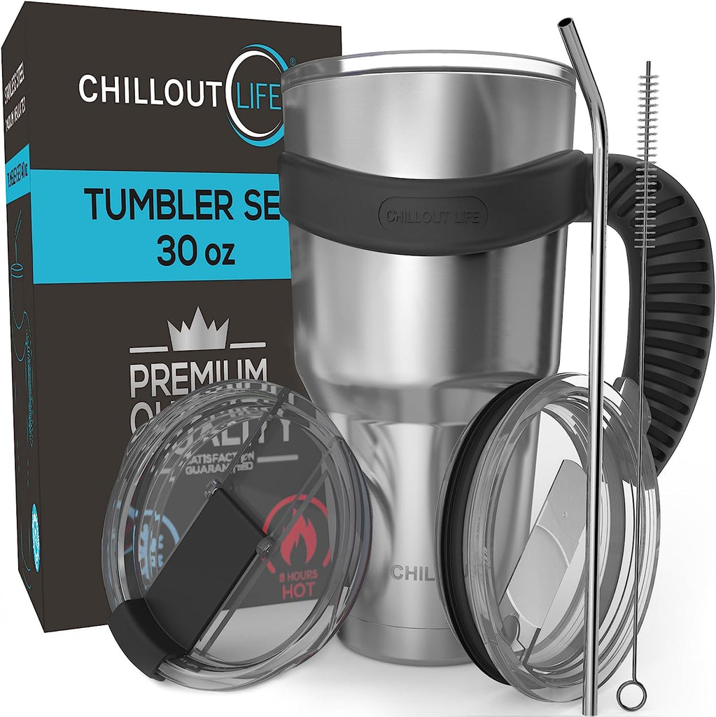 ChillOut Life Stainless Steel Travel Mug with Handle 30 oz - 6 Piece Set Tumbler  with Handle, Straw, cleaning Brush & 2 Lids Double Wall Insul