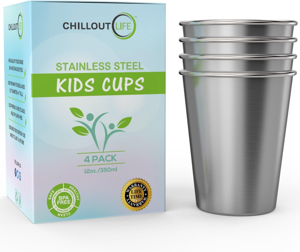 CHILLOUT LIFE Stainless Steel Cups 12 oz for Kids and Adult (4-Pack) - CHILLOUT LIFE