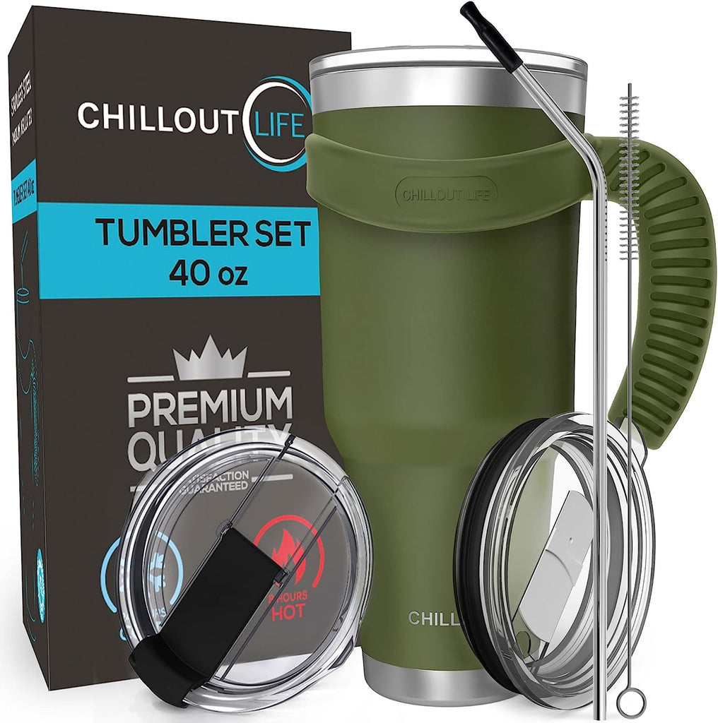 CHILLOUT LIFE Stainless Steel Travel Mug with Handle 40 oz – 6 Piece Set. Tumbler with Handle, Straw, Cleaning Brush & 2 Lids. Double Wall Insulated Large Coffee Mug Bundle - CHILLOUT LIFE