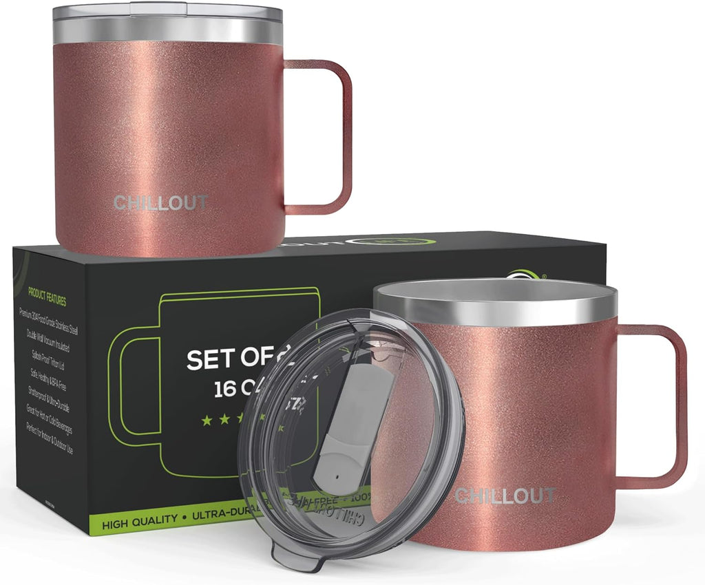 CHILLOUT LIFE Set of 2 - 16 oz Stainless steel Vacuum Insulated Coffee Mugs with Handle and Lid, Large Thermal Camping Coffee Mugs with Sliding Lid for Men & Women - CHILLOUT LIFE