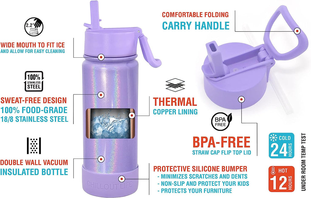 CHILLOUT LIFE 12 oz Insulated Water Bottle with Straw Lid for Kids + C