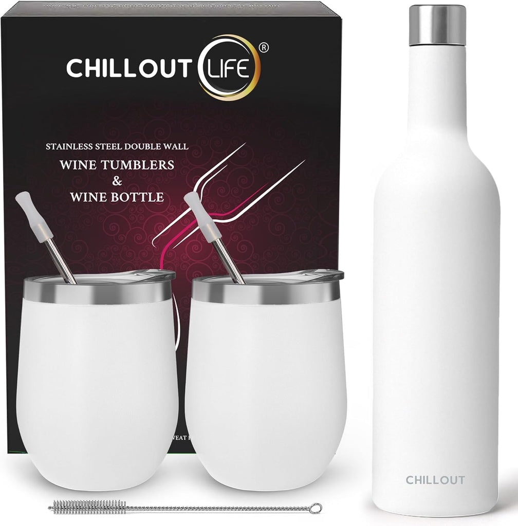 CHILLOUT LIFE Stainless Steel Wine Tumblers 2 Pack 12 oz & 1 Insulated Wine Bottle - Double Wall Vacuum Insulated Wine Cups with Lids and Straws Set