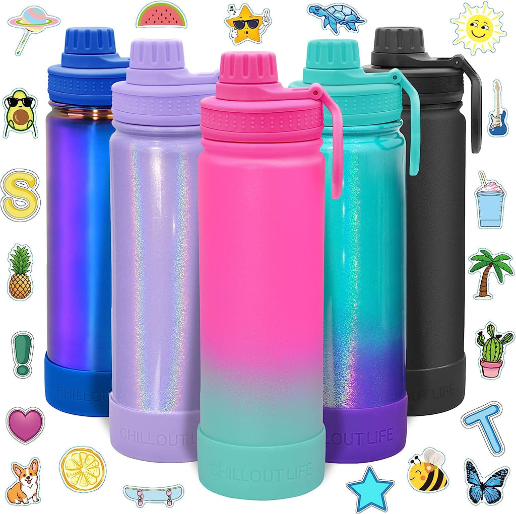 CHILLOUT LIFE 22 oz Insulated Water Bottle with Leakproof Spout Lid for Kids and Adult+ Cute Waterproof Stickers - CHILLOUT LIFE