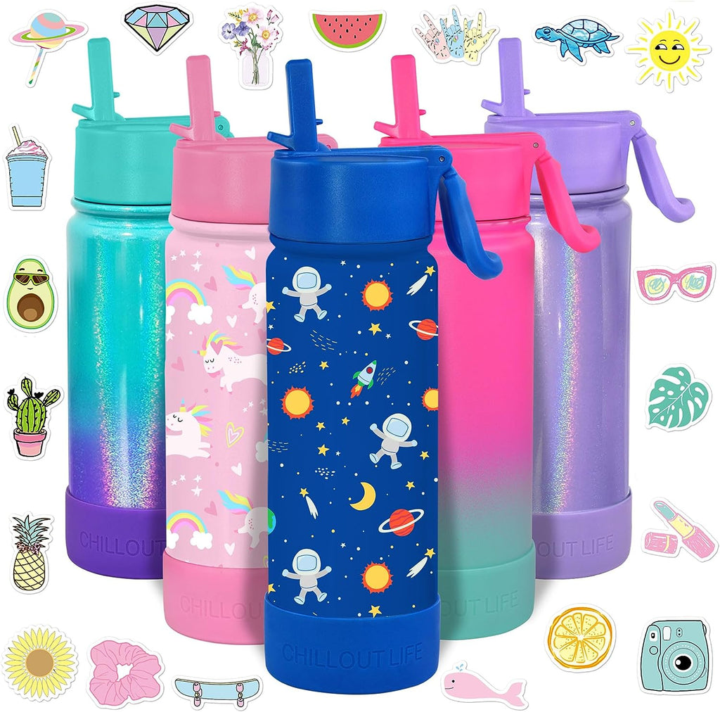 CHILLOUT LIFE 17 oz Insulated Water Bottle with Straw Lid for Kids and Adult + Cute Waterproof Stickers - CHILLOUT LIFE