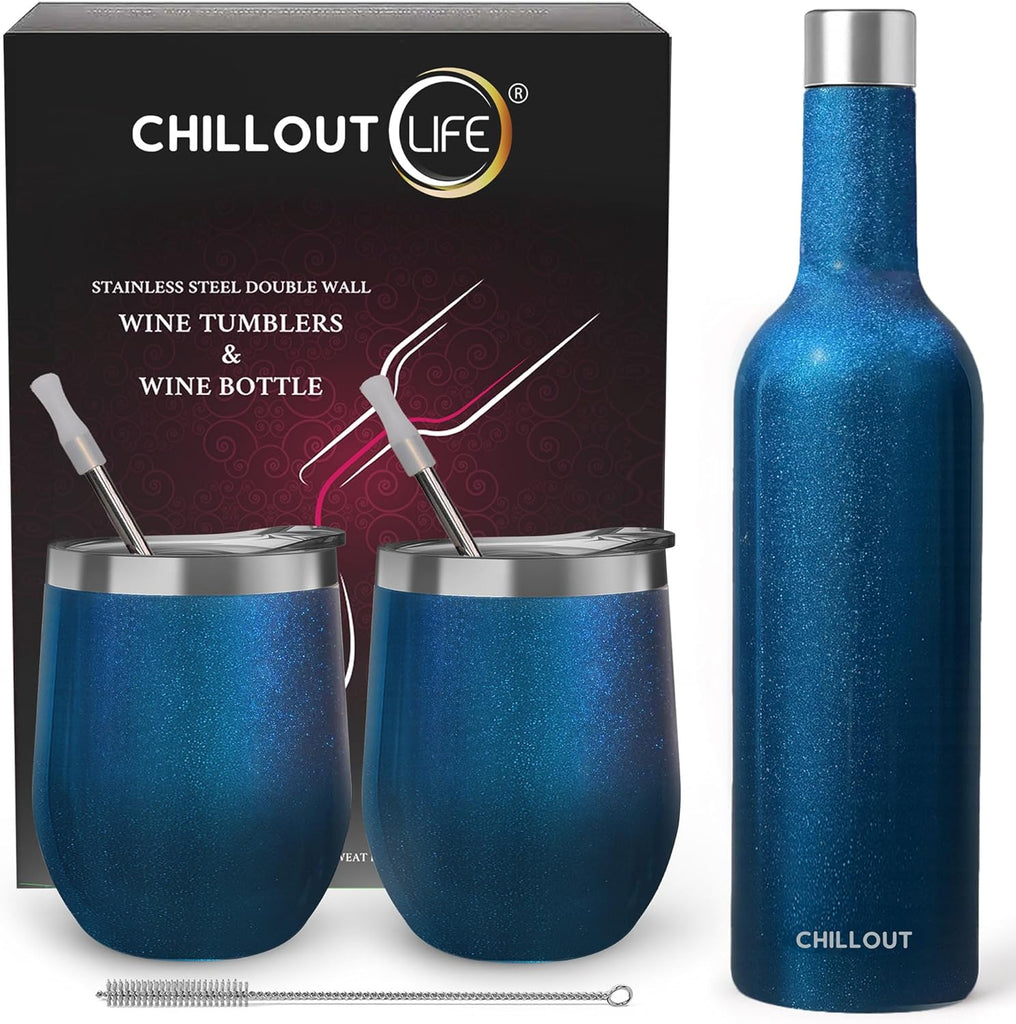 CHILLOUT LIFE Stainless Steel Wine Tumblers 2 Pack 12 oz & 1 Insulated Wine Bottle - Double Wall Vacuum Insulated Wine Cups with Lids and Straws Set