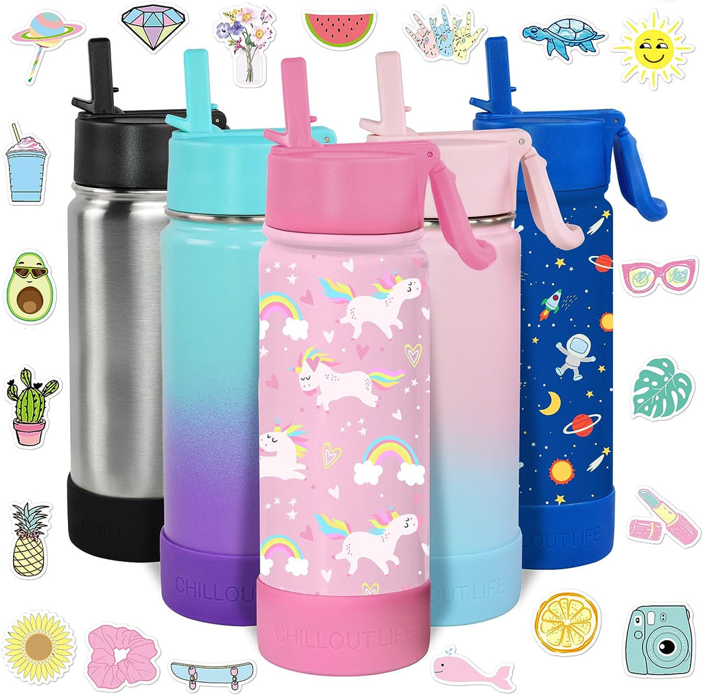 CHILLOUT LIFE 17 oz Insulated Water Bottle with Straw Lid for Kids and Adult + Cute Waterproof Stickers - CHILLOUT LIFE