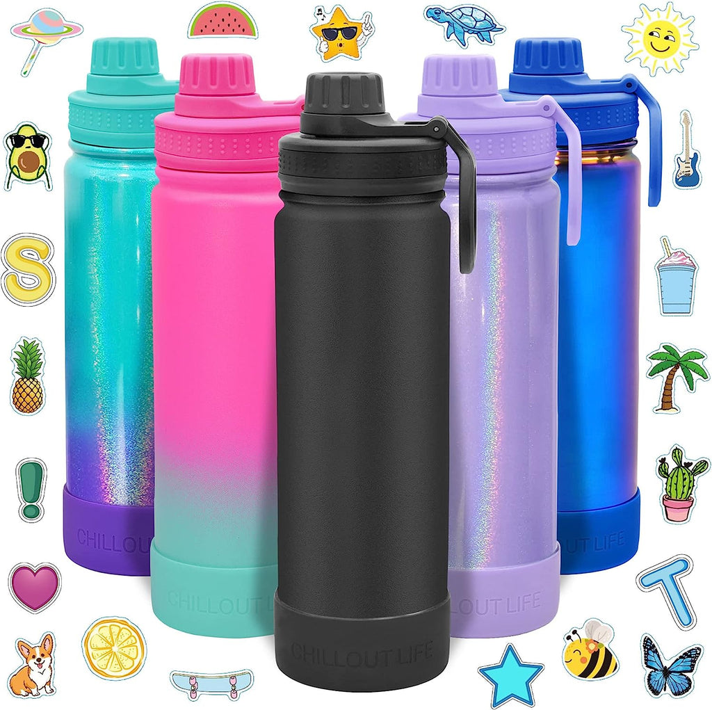 CHILLOUT LIFE 22 oz Insulated Water Bottle with Leakproof Spout Lid for Kids and Adult+ Cute Waterproof Stickers - CHILLOUT LIFE