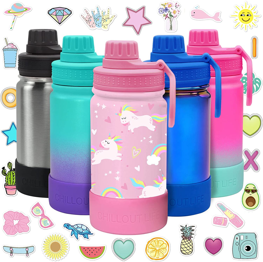 CHILLOUT LIFE 12 oz Insulated Kids Water Bottle with Leakproof Spout Lid + Cute Waterproof Stickers - Perfect for Personalizing Your Kids Metal Water Bottle - CHILLOUT LIFE