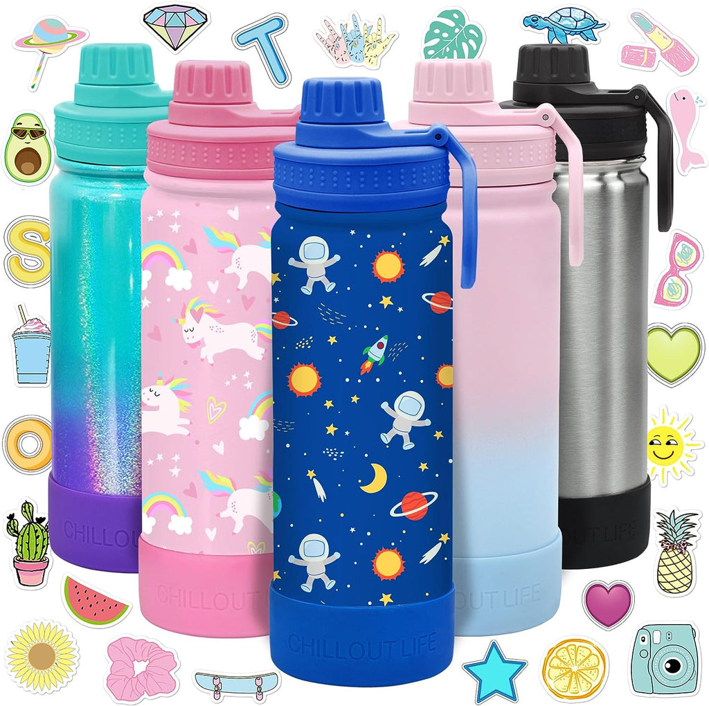 CHILLOUT LIFE 17 oz Insulated Kids Water Bottle with Leakproof Spout Lid + Cute Waterproof Stickers - CHILLOUT LIFE
