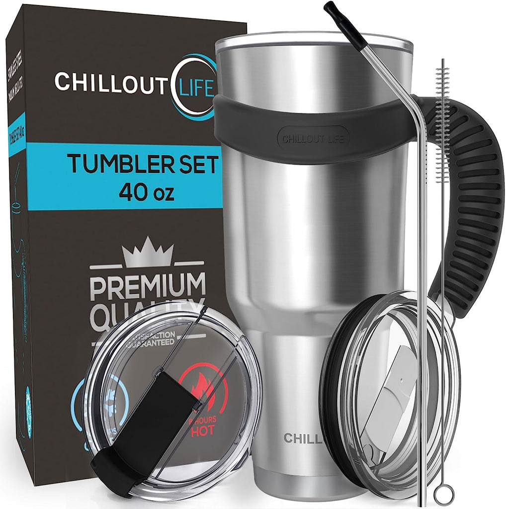 CHILLOUT LIFE Stainless Steel Travel Mug with Handle 40 oz – 6 Piece Set.  Tumbler with Handle, Straw, Cleaning Brush & 2 Lids. Double Wall Insulated  Large Coffee Mug Bundle