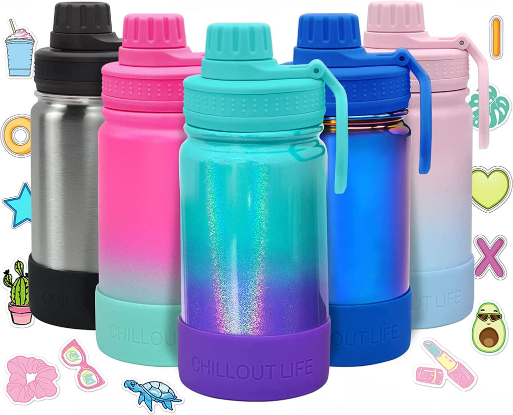 CHILLOUT LIFE 12 oz Insulated Kids Water Bottle with Leakproof Spout Lid + Cute Waterproof Stickers - Perfect for Personalizing Your Kids Metal Water Bottle - CHILLOUT LIFE