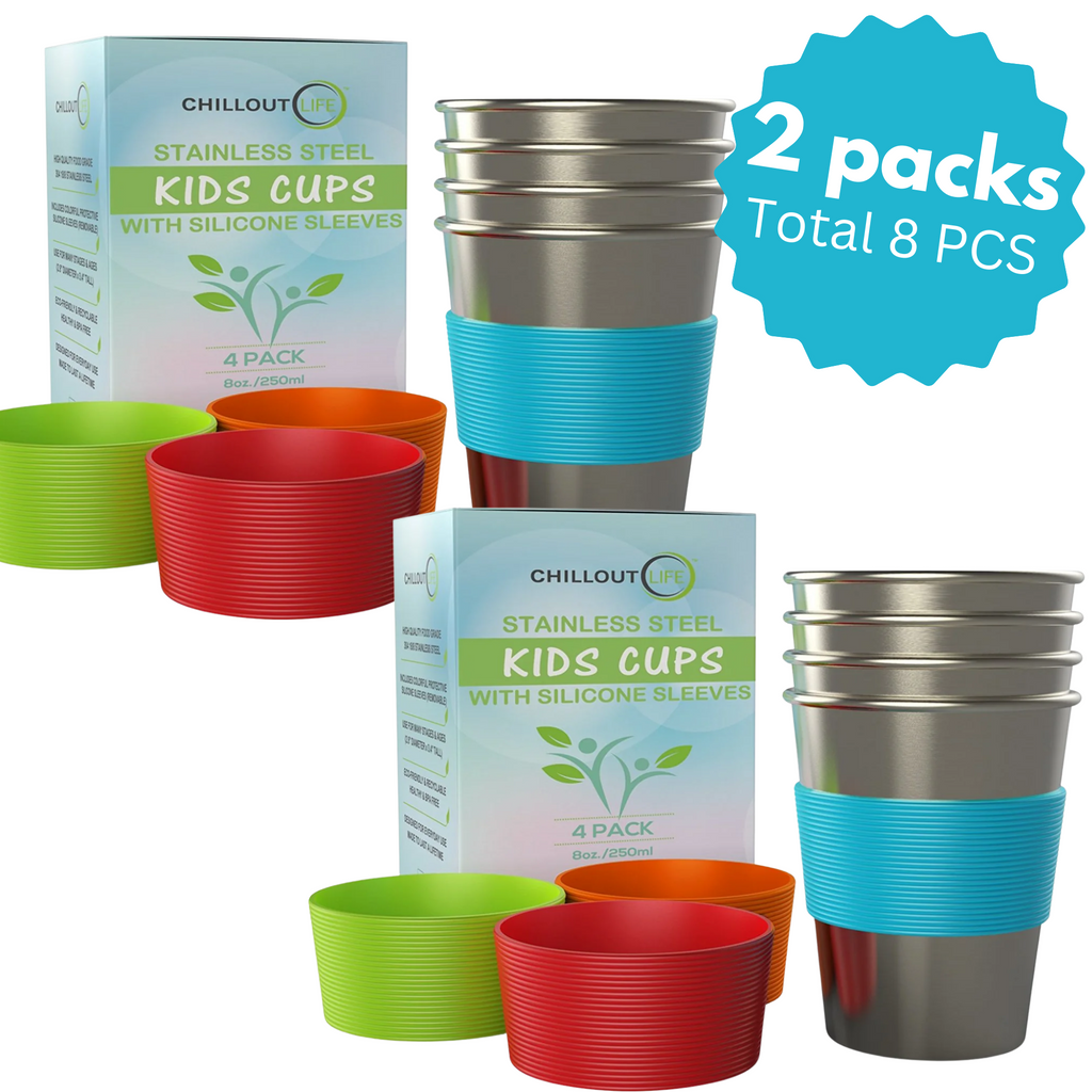 Stainless Steel Cups for Kids and Toddlers 8 oz with Silicone Sleeves (2 packs: 4+4 Cups) - CHILLOUT LIFE