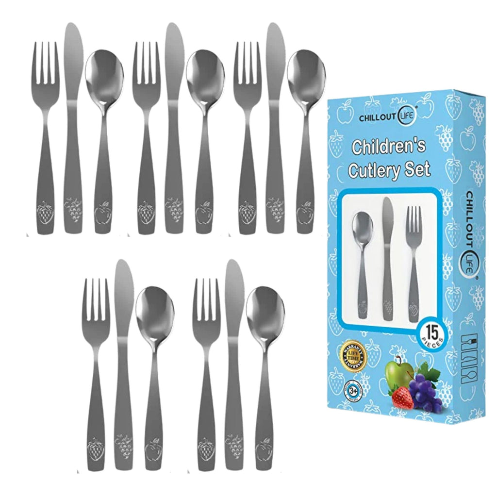 CHILLOUT LIFE 15 Piece Stainless Steel Kids Silverware Set | Kids Utensil Set Includes 5 Small Kids Spoons, 5 Forks & 5 Knives - CHILLOUT LIFE