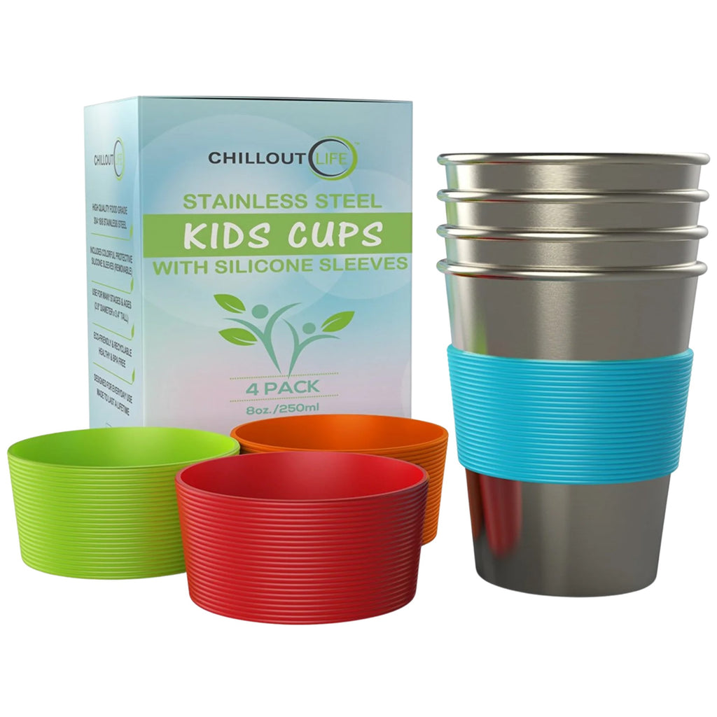 Stainless Steel Cups for Kids and Toddlers 8 oz with Silicone Sleeves (4-Pack) - CHILLOUT LIFE