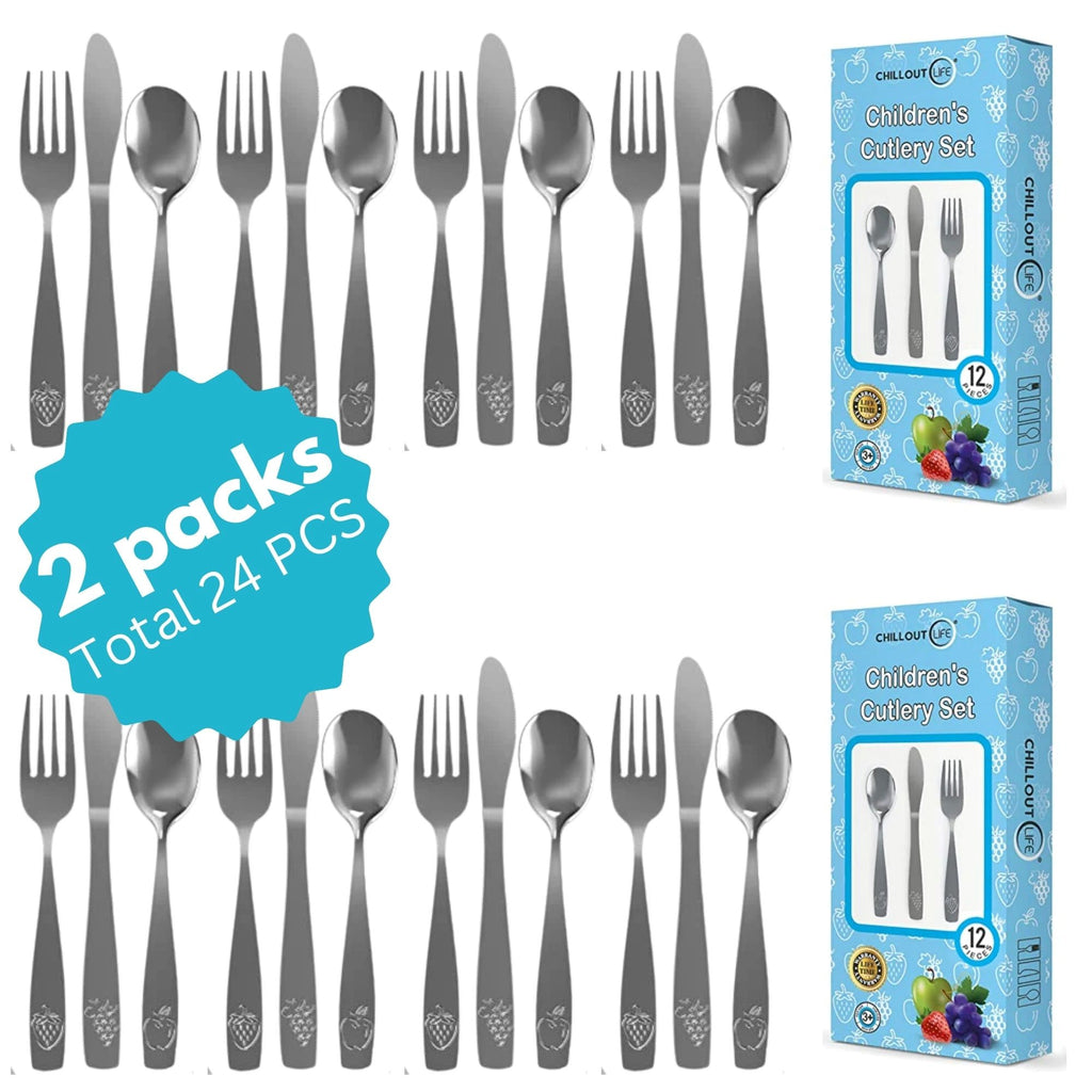 CHILLOUT LIFE 24 Piece Stainless Steel Kids Silverware Set (2 packs: 12+12) Kids Utensil Set Includes 8 Small Kids Spoons, 8 Forks & 8 Knives - CHILLOUT LIFE