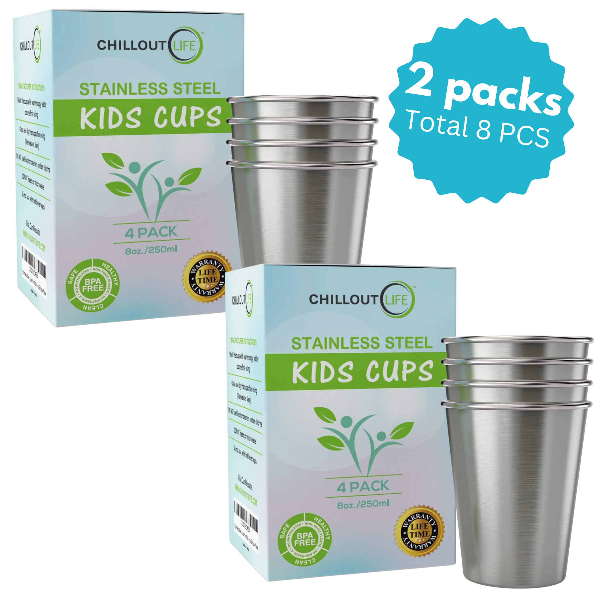 Stainless Steel Sippy Cups for Kids and Toddlers, Unbreakable 4-Pack 8 oz