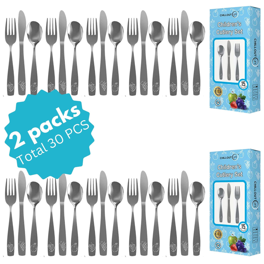 CHILLOUT LIFE 30 Piece Stainless Steel Kids Silverware Set (2 packs: 15+15) Kids Utensil Set Includes 5 Small Kids Spoons, 5 Forks & 5 Knives - CHILLOUT LIFE