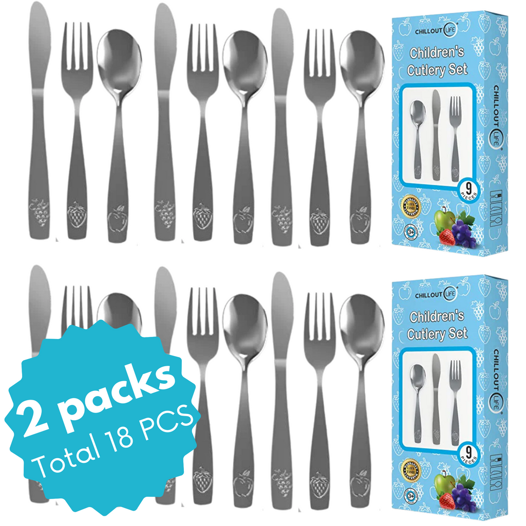 CHILLOUT LIFE 9 Piece Stainless Steel Kids Silverware Set (2 packs: 9+9) Kids Utensil Set Includes 6 Small Kids Spoons, 6 Forks & 6 Knives - CHILLOUT LIFE