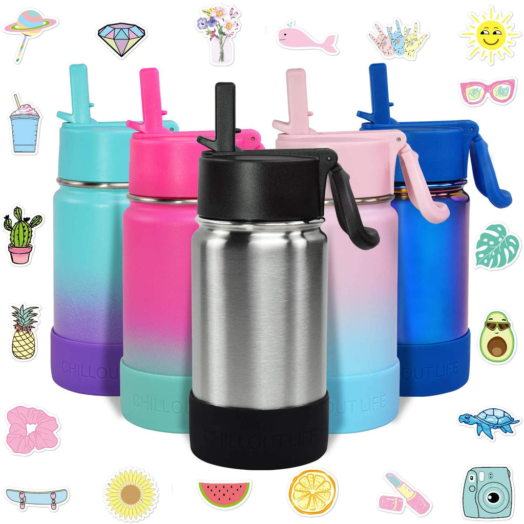 CHILLOUT LIFE 12 oz Insulated Water Bottle with Straw Lid for Kids + 20 Cute Waterproof Stickers - Perfect for Personalizing Your Kids Metal Water Bottle - CHILLOUT LIFE
