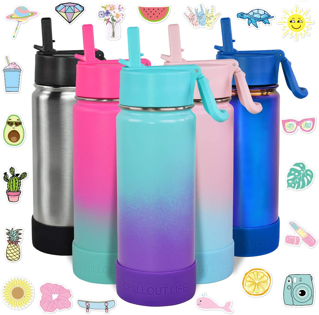 CHILLOUT LIFE 17 oz Insulated Water Bottle with Straw Lid for Kids and Adult + 20 Cute Waterproof Stickers - Perfect for Personalizing Your Kids Metal Water Bottle - CHILLOUT LIFE