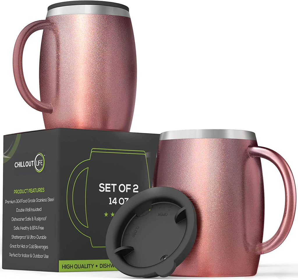 CHILLOUT LIFE Set of 2 - 16 oz Stainless steel Vacuum Insulated Coffee Mugs  with Handle and Lid, Large Thermal Camping Coffee Mugs with Sliding Lid