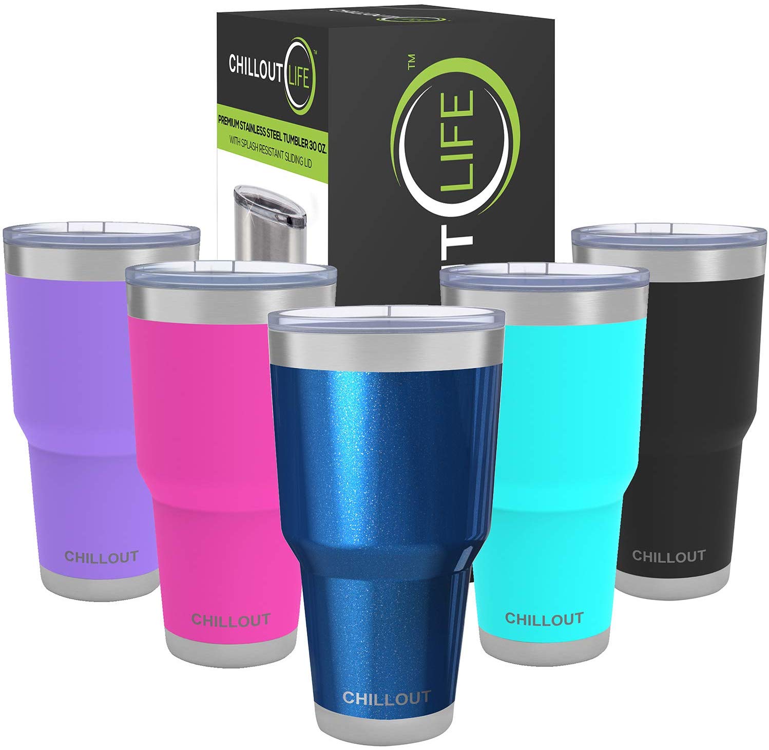 CHILLOUT LIFE Stainless Steel Travel Mug with Handle 30oz – 6 Piece Se
