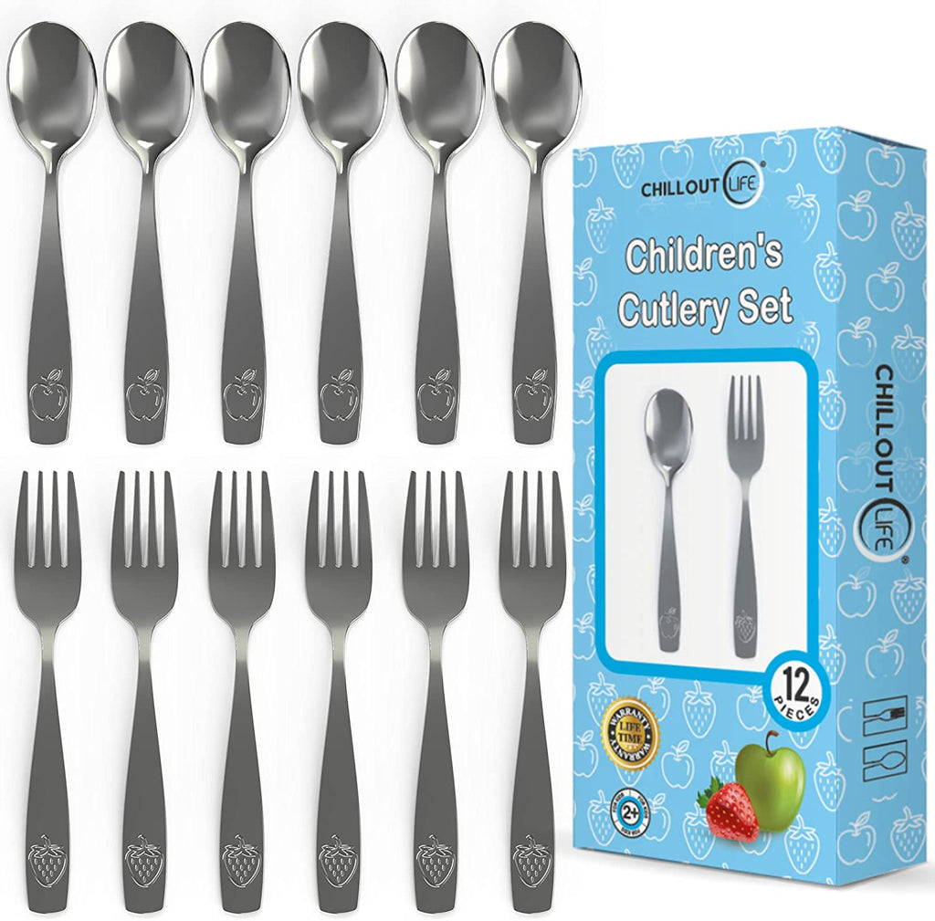 CHILLOUT LIFE 12 Piece Stainless Steel Kids Silverware Set - Child and Toddler Safe Flatware - CHILLOUT LIFE
