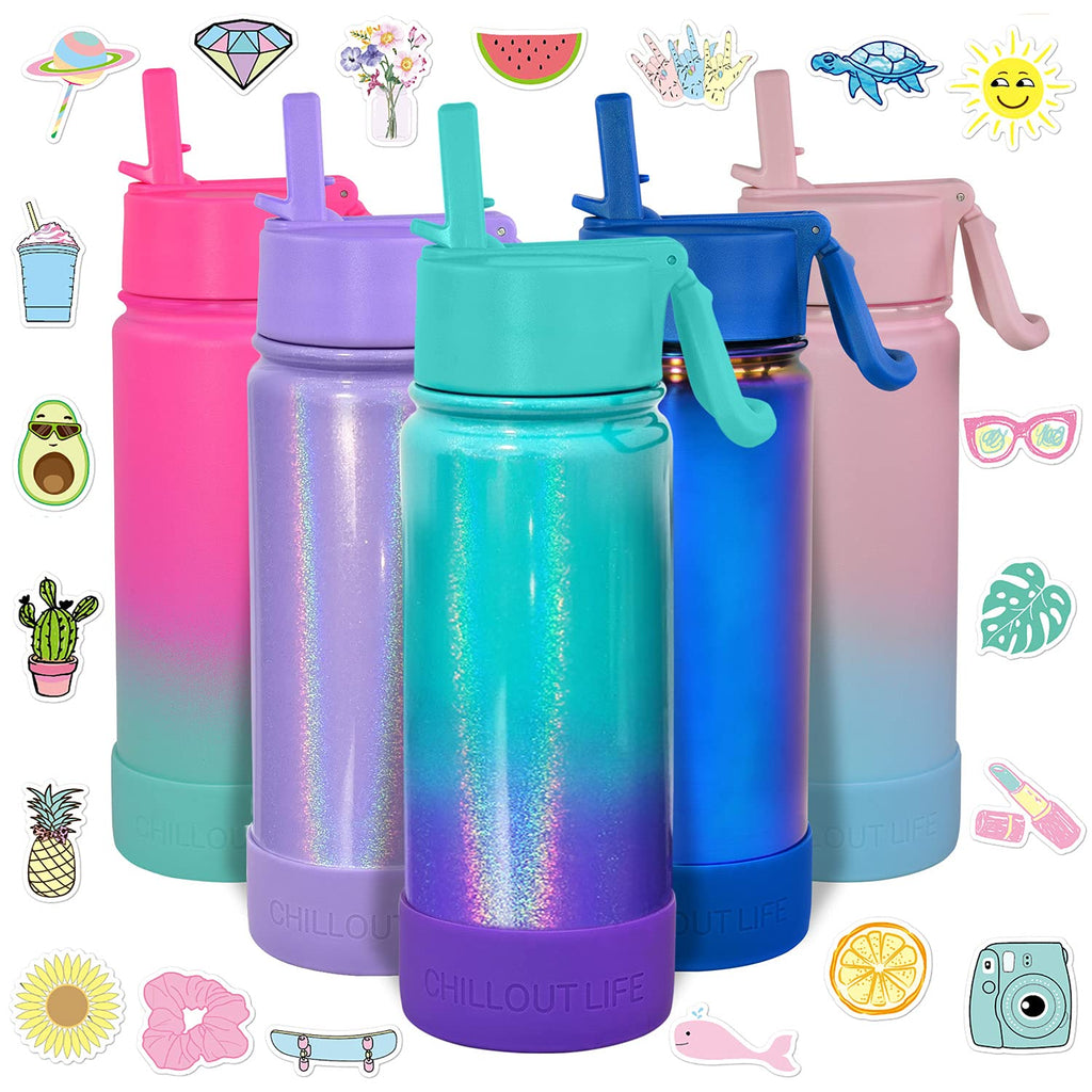 CHILLOUT LIFE 17 oz Insulated Water Bottle with Straw Lid for Kids and Adult + 20 Cute Waterproof Stickers - Perfect for Personalizing Your Kids Metal Water Bottle - CHILLOUT LIFE