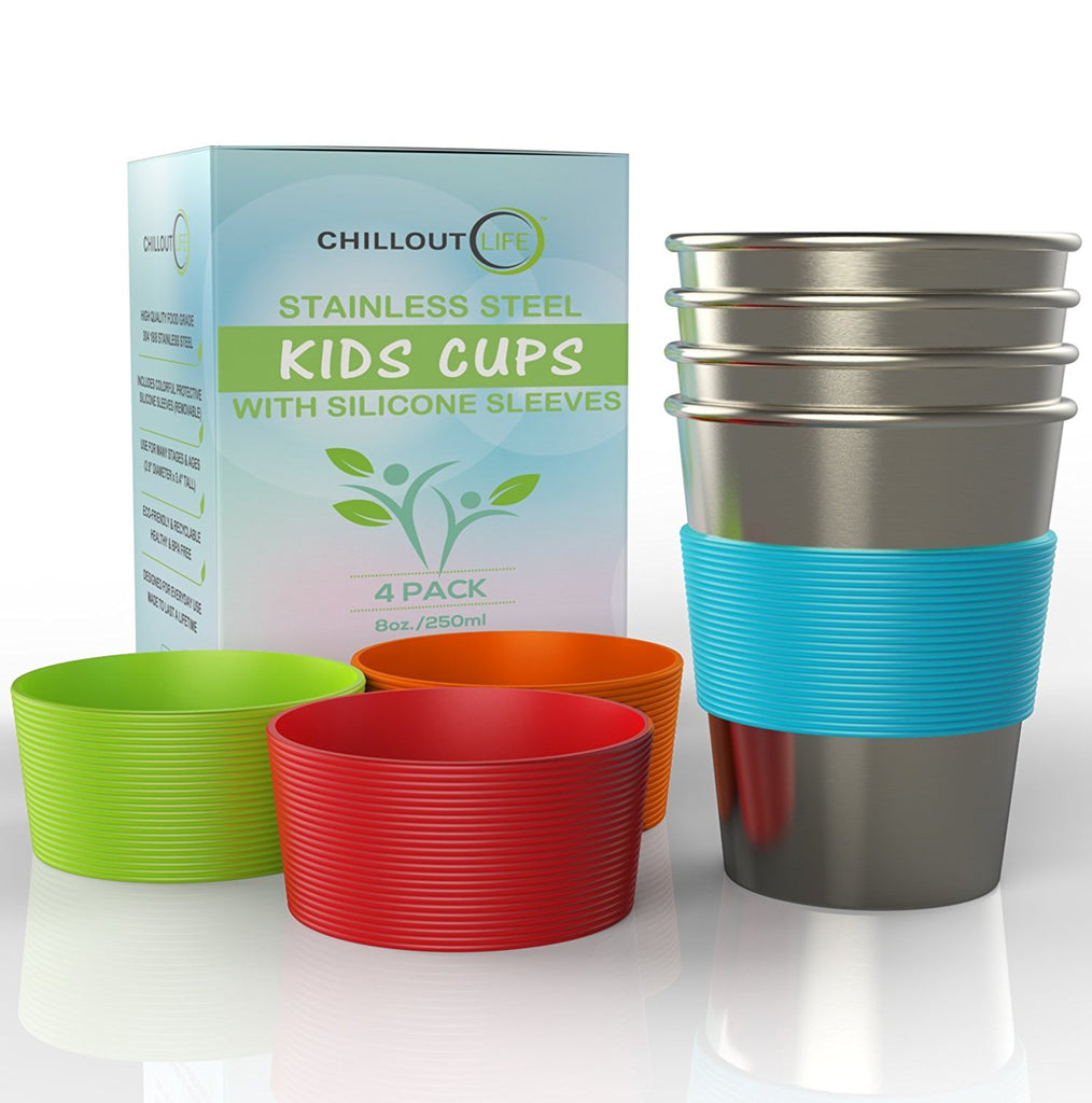 Tiblue Kids & Toddler Cups - 4 Pack 8oz Spill Proof Stainless Steel Tumblers  with Leak Proof