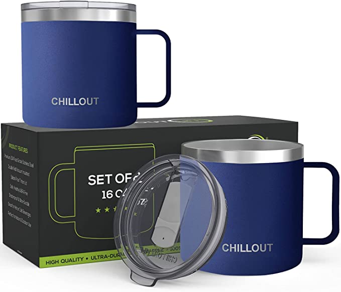 CHILLOUT LIFE Set of 2 - 16 oz Stainless steel Vacuum Insulated Coffee Mugs  with Handle and Lid, Large Thermal Camping Coffee Mugs with Sliding Lid