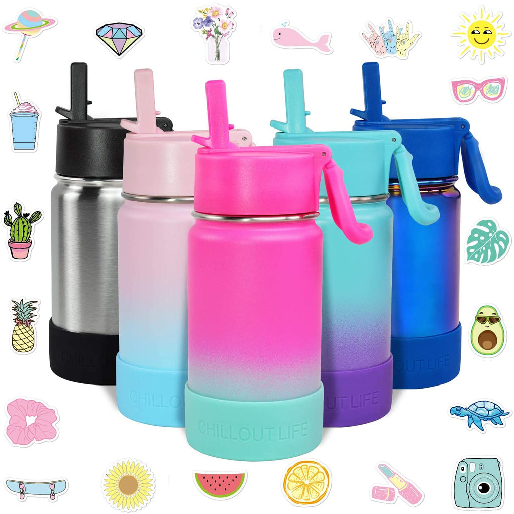 CHILLOUT LIFE 12 oz Insulated Water Bottle with Straw Lid for Kids + 20 Cute Waterproof Stickers - Perfect for Personalizing Your Kids Metal Water Bottle - CHILLOUT LIFE