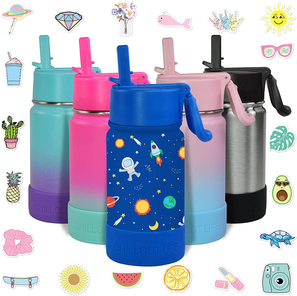CHILLOUT LIFE 12 oz Insulated Water Bottle with Straw Lid for Kids + Cute Waterproof Stickers - CHILLOUT LIFE