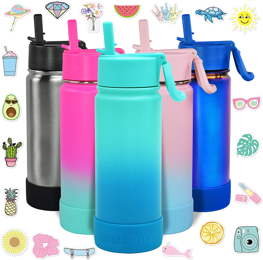 CHILLOUT LIFE 17 oz Insulated Water Bottle with Straw Lid for Kids and Adult + 20 Cute Waterproof Stickers - CHILLOUT LIFE
