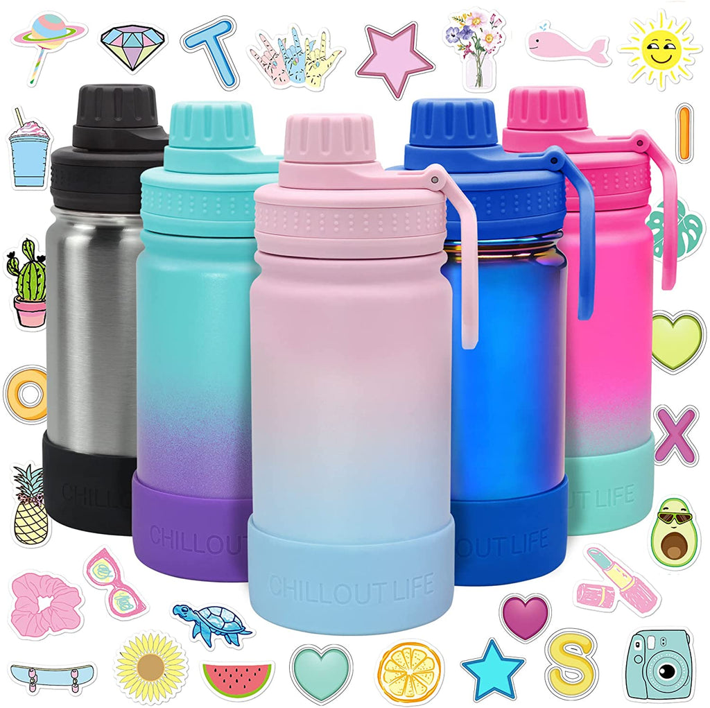 CHILLOUT LIFE Insulated Kids Water Bottle with Leakproof Spout Lid + Cute Waterproof Stickers - Perfect for Personalizing Your Kids Metal Water Bottle - CHILLOUT LIFE