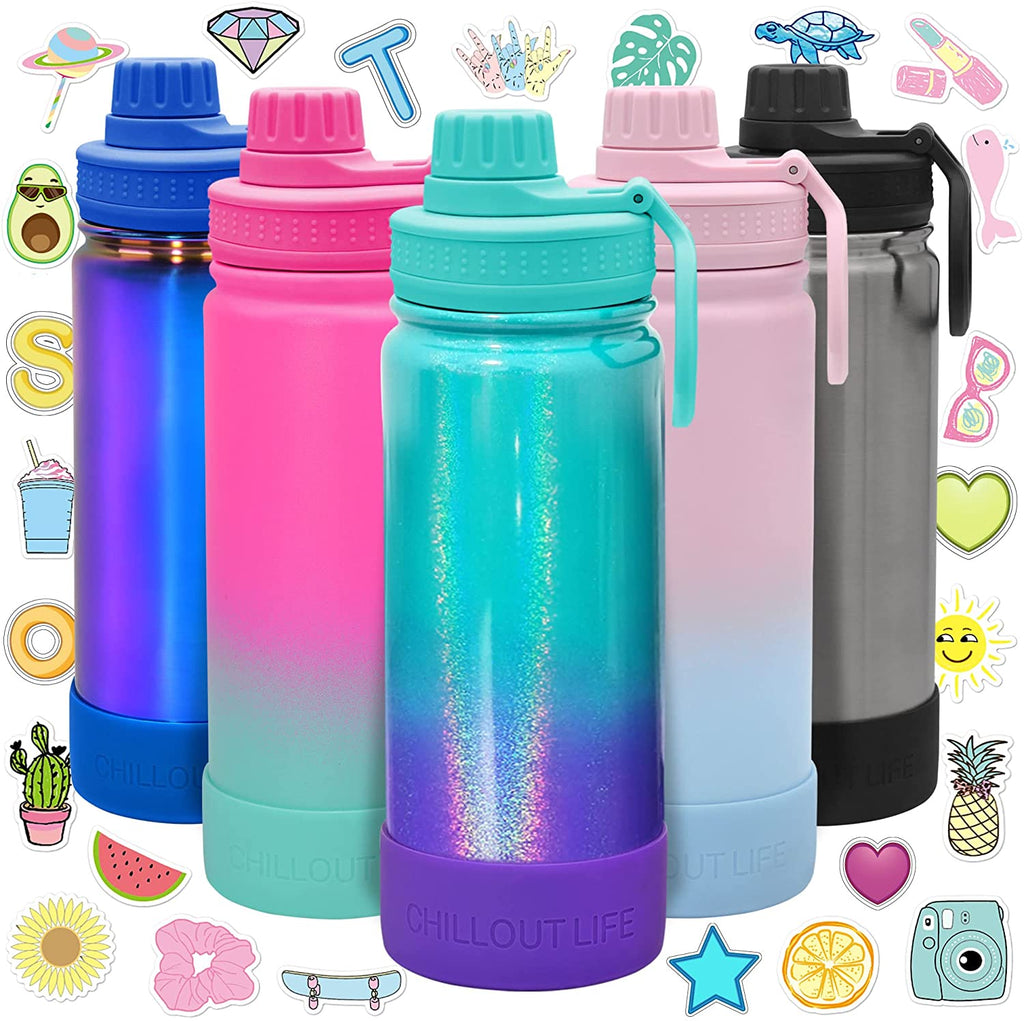 CHILLOUT LIFE Insulated Kids Water Bottle with Leakproof Spout Lid + Cute Waterproof Stickers - Perfect for Personalizing Your Kids Metal Water Bottle - CHILLOUT LIFE