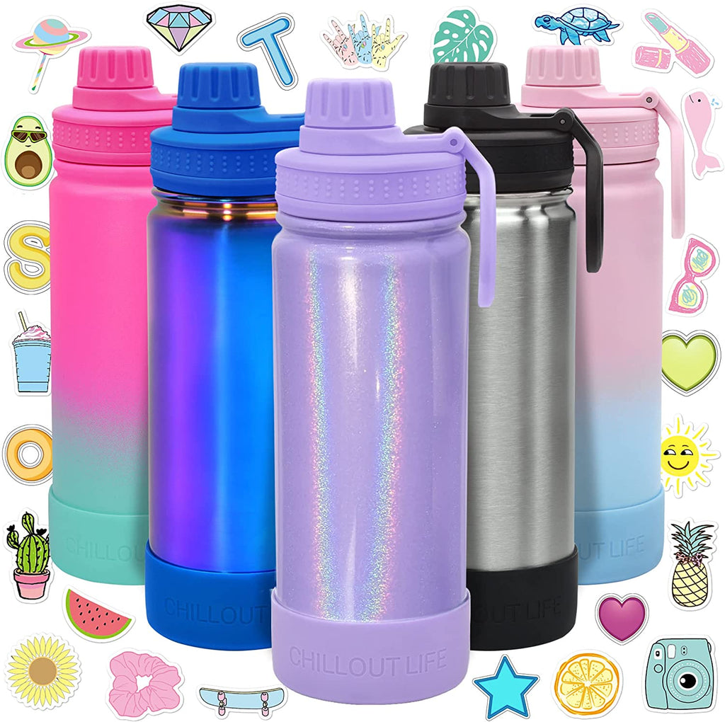 CHILLOUT LIFE 17 oz Insulated Kids Water Bottle with Leakproof Spout Lid + Cute Waterproof Stickers - Perfect for Personalizing Your Kids Metal Water Bottle - CHILLOUT LIFE