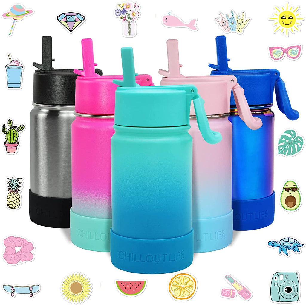 CHILLOUT LIFE 12 oz Insulated Water Bottle with Straw Lid for Kids + 20 Cute Waterproof Stickers - CHILLOUT LIFE