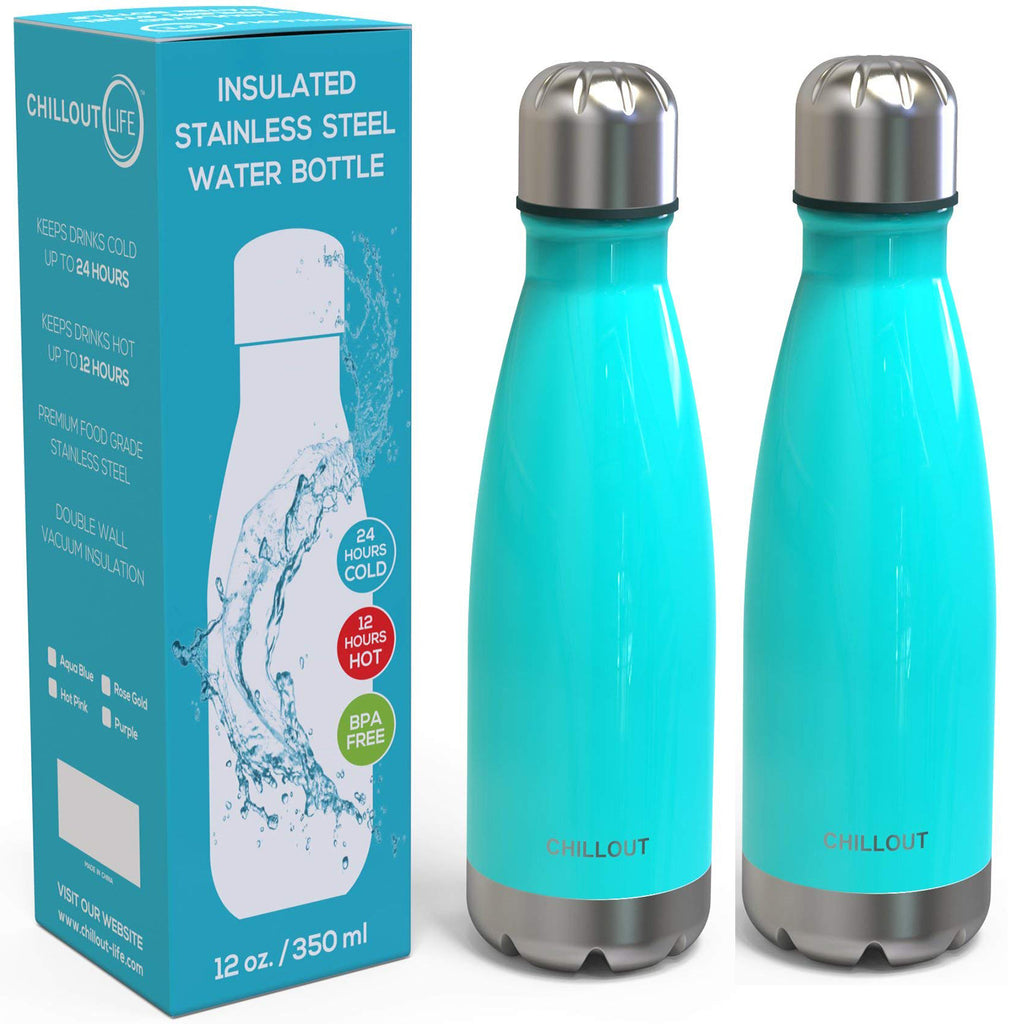 2 Pack Stainless Steel Water Bottle for Kids School: 12 oz Double Wall Insulated Cola Bottle Shape - Aqua Blue - CHILLOUT LIFE