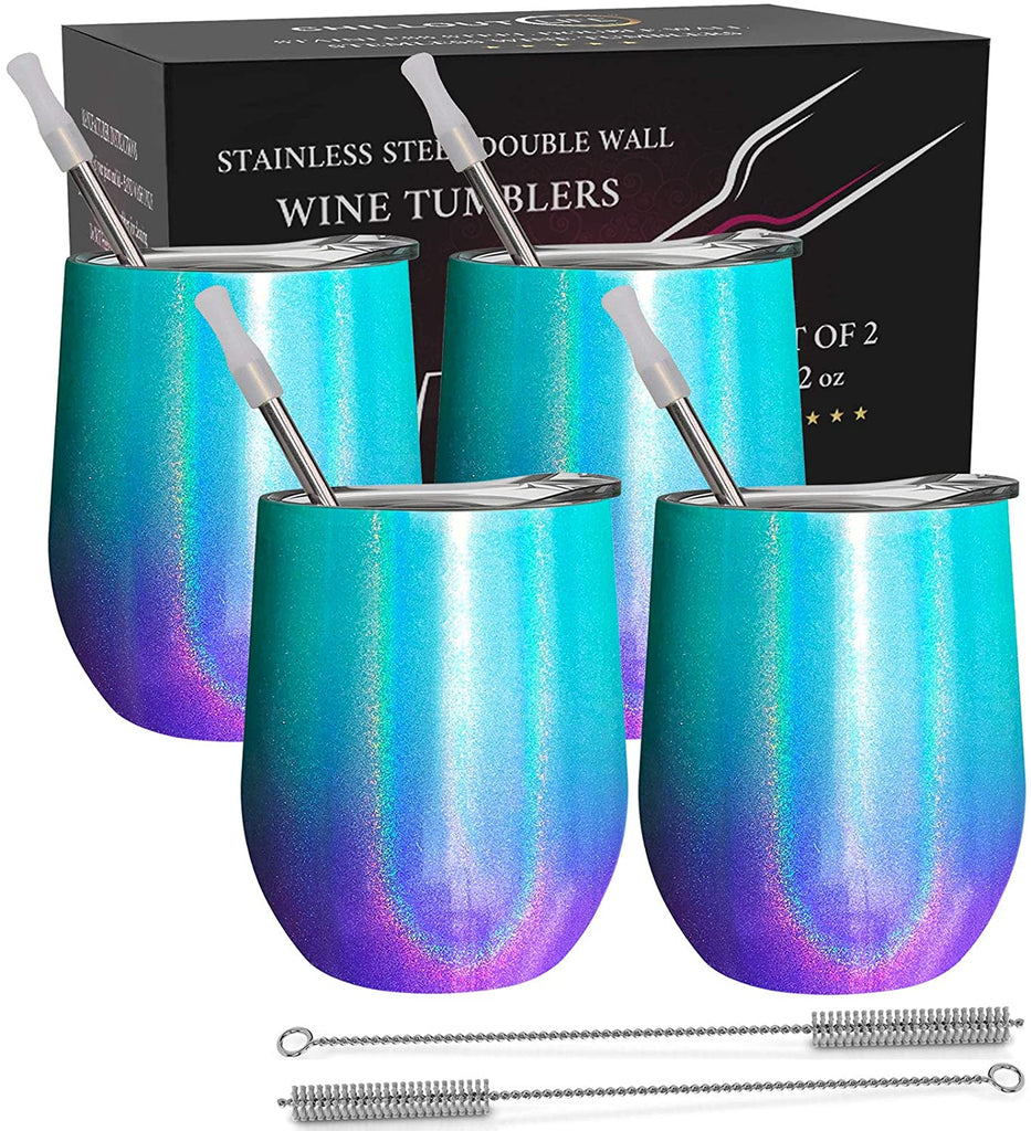 CHILLOUT LIFE 12 oz Stainless Steel Stemless Wine Tumbler with Lids and Straw 4 Pack - CHILLOUT LIFE